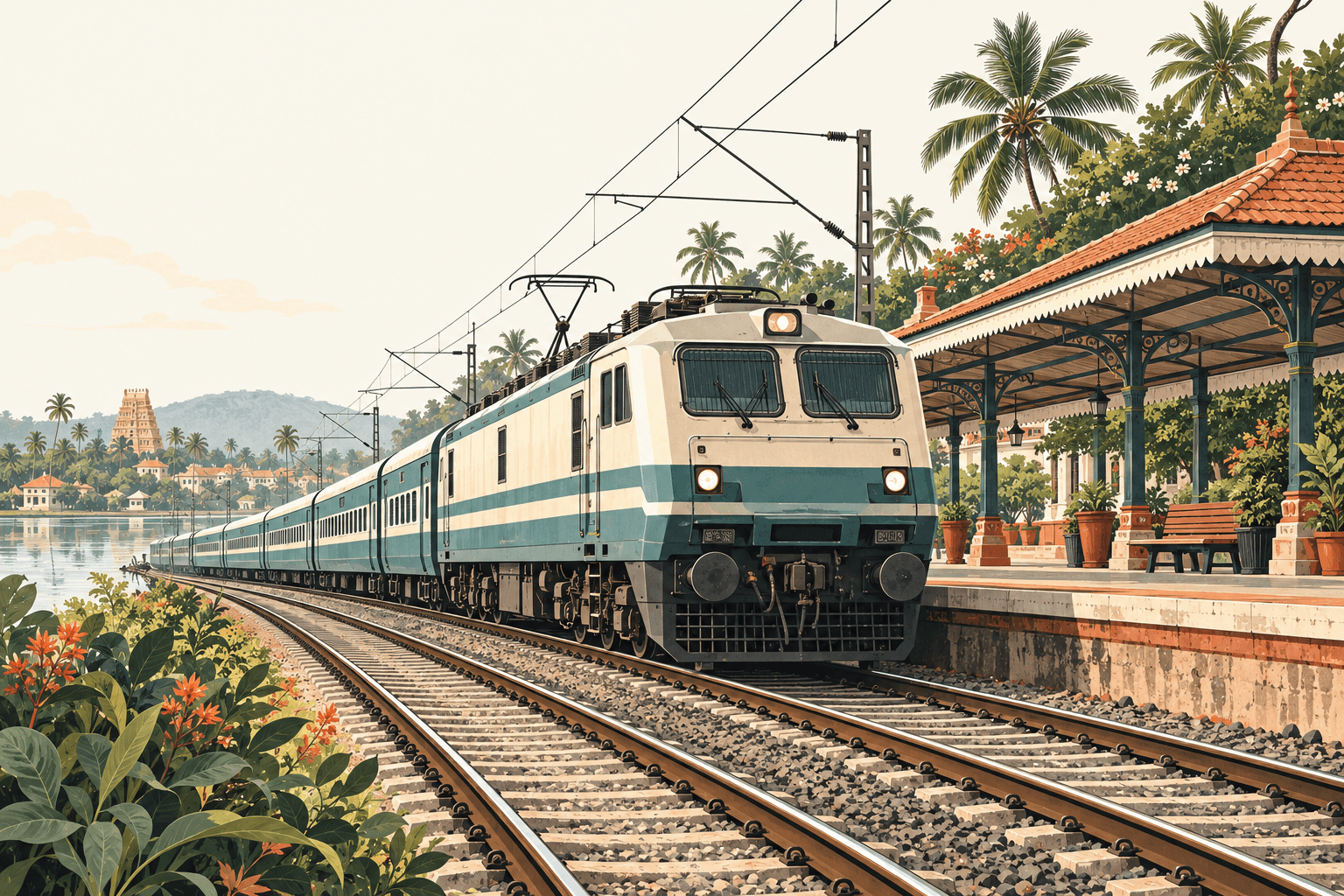 Illustration of an electric passenger train at a Southern Indian railway station